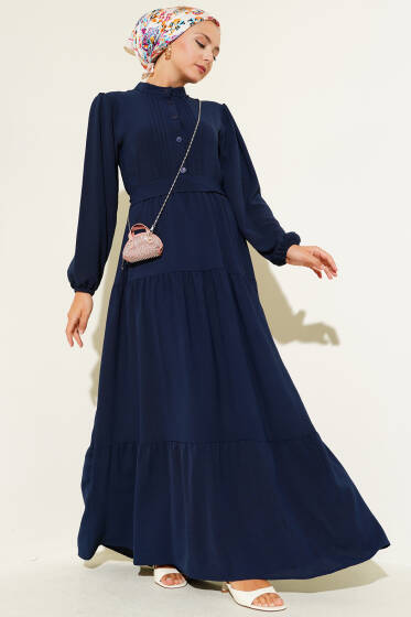 Yarım Piliseli Düğmeli Elbise Lacivert - Tesettür Elbise