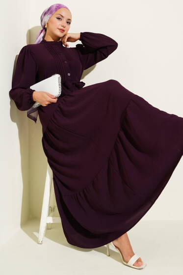 Yarım Piliseli Düğmeli Elbise Mürdüm - Elbise