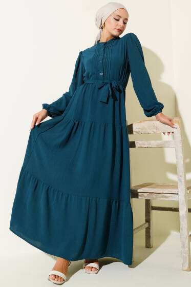 Yarım Piliseli Düğmeli Elbise Petrol - Elbise