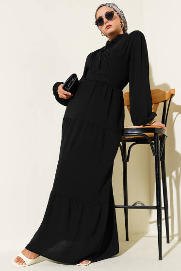 Yarım Piliseli Düğmeli Elbise Siyah - Elbise