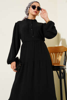 Yarım Piliseli Düğmeli Elbise Siyah - Tesettür Elbise