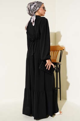 Yarım Piliseli Düğmeli Elbise Siyah - Tesettür Elbise