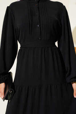 Yarım Piliseli Düğmeli Elbise Siyah - Tesettür Elbise