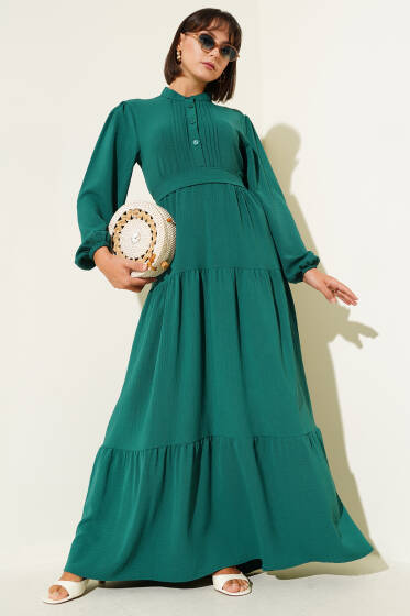 Yarım Piliseli Düğmeli Elbise Zümrüt - Elbise