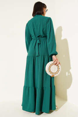 Yarım Piliseli Düğmeli Elbise Zümrüt - Tesettür Elbise