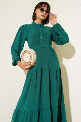 Yarım Piliseli Düğmeli Elbise Zümrüt - Tesettür Elbise