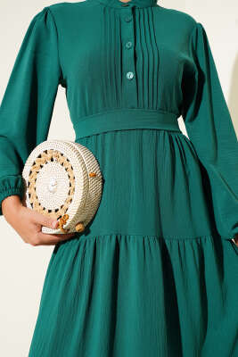 Yarım Piliseli Düğmeli Elbise Zümrüt - Tesettür Elbise