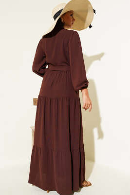 Yarım Piliseli Düğmeli Elbise Kahve - Tesettür Elbise