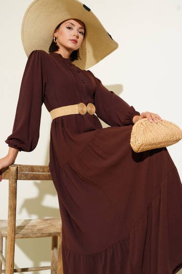 Yarım Piliseli Düğmeli Elbise Kahve - Tesettür Elbise