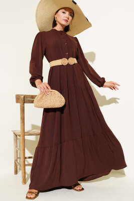 Yarım Piliseli Düğmeli Elbise Kahve - Tesettür Elbise