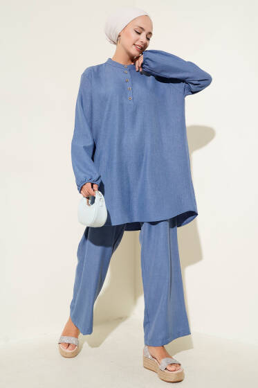 Yarım Tahta Düğme Detaylı İkili Takım Indıgo - İkili Takım