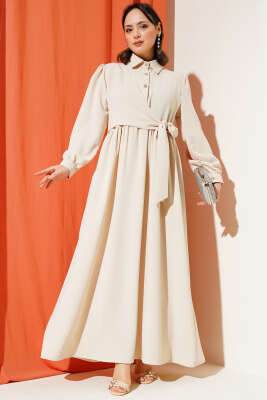 Yarım Taş Düğmeli Bağlamalı Elbise Bej - Tesettür Elbise