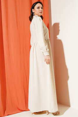 Yarım Taş Düğmeli Bağlamalı Elbise Bej - Tesettür Elbise