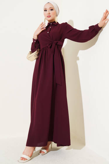 Yarım Taş Düğmeli Bağlamalı Elbise Bordo - Elbise