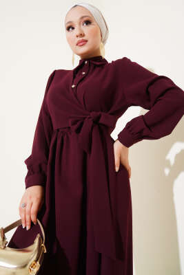 Yarım Taş Düğmeli Bağlamalı Elbise Bordo - Tesettür Elbise