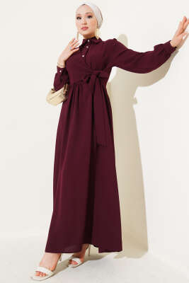 Yarım Taş Düğmeli Bağlamalı Elbise Bordo 