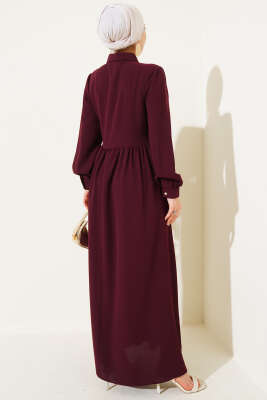 Yarım Taş Düğmeli Bağlamalı Elbise Bordo - Tesettür Elbise