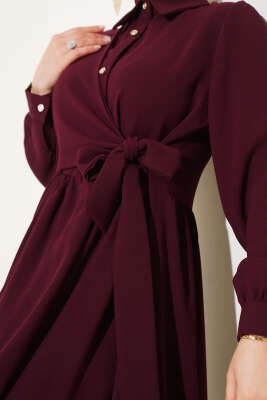 Yarım Taş Düğmeli Bağlamalı Elbise Bordo - Tesettür Elbise