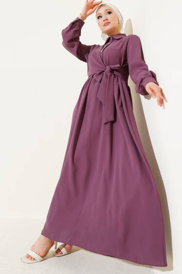 Yarım Taş Düğmeli Bağlamalı Elbise Gül Kurusu - Elbise