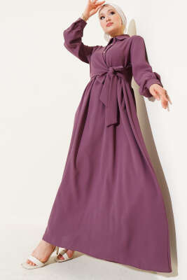 Yarım Taş Düğmeli Bağlamalı Elbise Gül Kurusu 