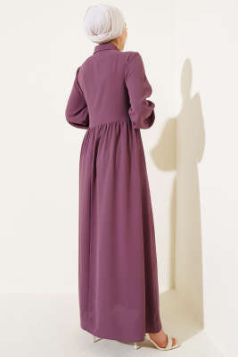 Yarım Taş Düğmeli Bağlamalı Elbise Gül Kurusu - Tesettür Elbise