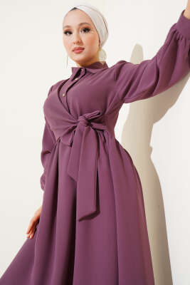 Yarım Taş Düğmeli Bağlamalı Elbise Gül Kurusu - Tesettür Elbise