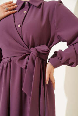 Yarım Taş Düğmeli Bağlamalı Elbise Gül Kurusu - Tesettür Elbise