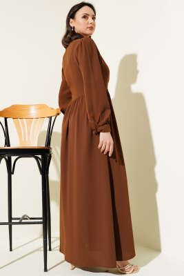 Yarım Taş Düğmeli Bağlamalı Elbise Kahve - Tesettür Elbise