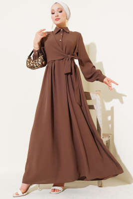 Yarım Taş Düğmeli Bağlamalı Elbise Kestane 