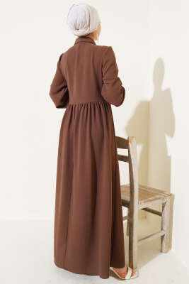 Yarım Taş Düğmeli Bağlamalı Elbise Kestane - Tesettür Elbise