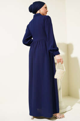 Yarım Taş Düğmeli Bağlamalı Elbise Lacivert - Tesettür Elbise