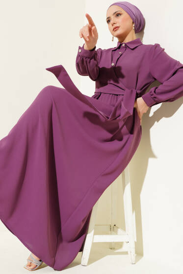 Yarım Taş Düğmeli Bağlamalı Elbise Menekşe - Elbise