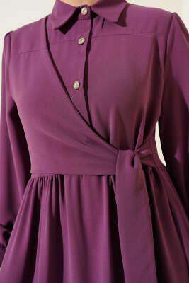 Yarım Taş Düğmeli Bağlamalı Elbise Menekşe - Tesettür Elbise