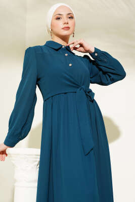 Yarım Taş Düğmeli Bağlamalı Elbise Petrol - Tesettür Elbise