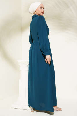 Yarım Taş Düğmeli Bağlamalı Elbise Petrol - Tesettür Elbise