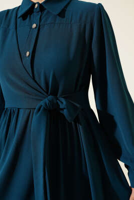 Yarım Taş Düğmeli Bağlamalı Elbise Petrol - Tesettür Elbise