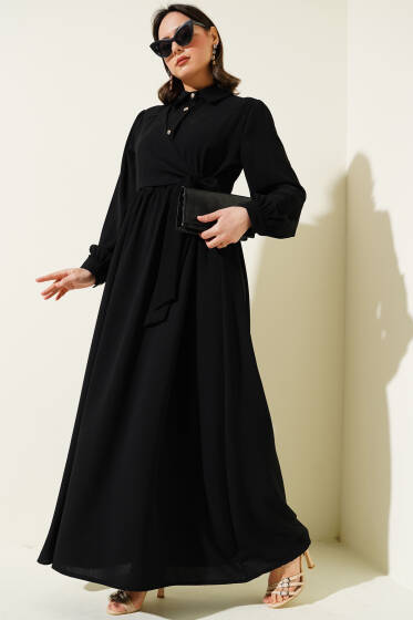 Yarım Taş Düğmeli Bağlamalı Elbise Siyah - Elbise