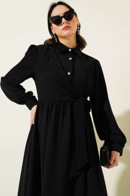 Yarım Taş Düğmeli Bağlamalı Elbise Siyah - Tesettür Elbise