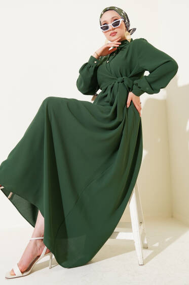 Yarım Taş Düğmeli Bağlamalı Elbise Yeşil - Elbise