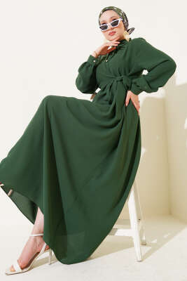 Yarım Taş Düğmeli Bağlamalı Elbise Yeşil 