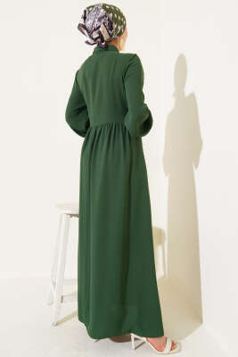 Yarım Taş Düğmeli Bağlamalı Elbise Yeşil - Tesettür Elbise
