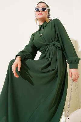 Yarım Taş Düğmeli Bağlamalı Elbise Yeşil - Tesettür Elbise