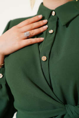 Yarım Taş Düğmeli Bağlamalı Elbise Yeşil - Tesettür Elbise