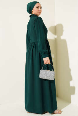 Yarım Taş Düğmeli Bağlamalı Elbise Zümrüt - Tesettür Elbise