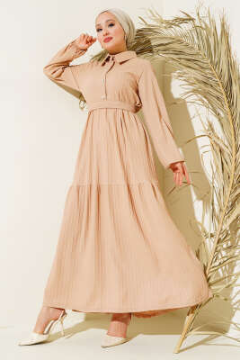 Yarım Taş Düğmeli Elbise Bej - 300-500 TL Ürünler