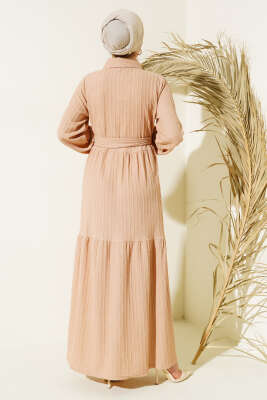 Yarım Taş Düğmeli Elbise Bej - Tesettür Elbise