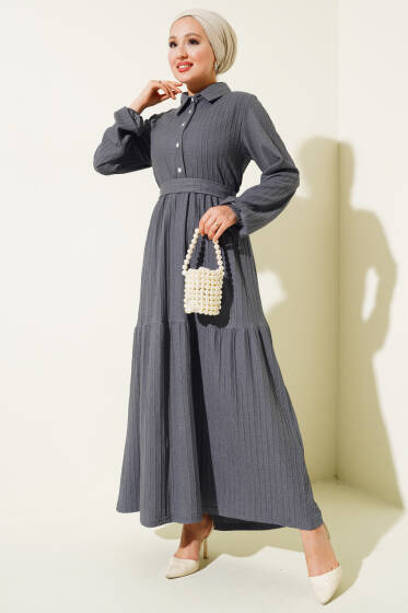 Yarım Taş Düğmeli Elbise Füme - Elbise