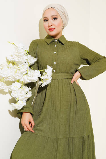 Yarım Taş Düğmeli Elbise Haki - Elbise