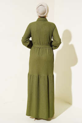 Yarım Taş Düğmeli Elbise Haki - Tesettür Elbise