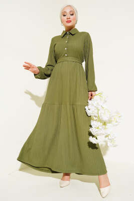 Yarım Taş Düğmeli Elbise Haki - Tesettür Elbise